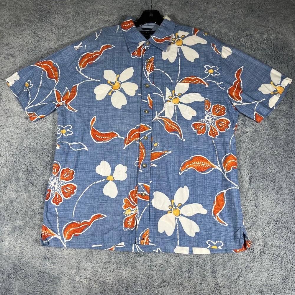Tommy‎ Hilfiger Mens Large Blue Floral Tropical Cotton SS Button Up Shirt